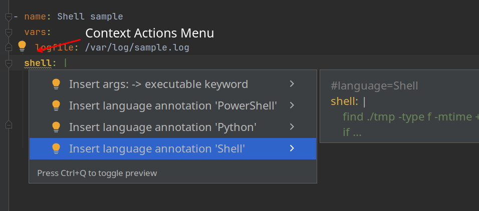Quick fix inspection shell module language injection