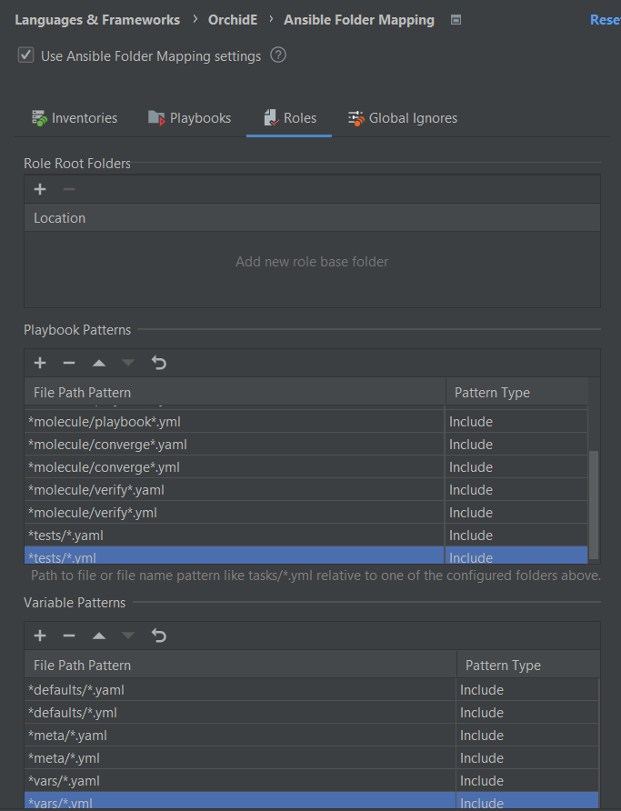 Configuration dialog for Ansible file detection