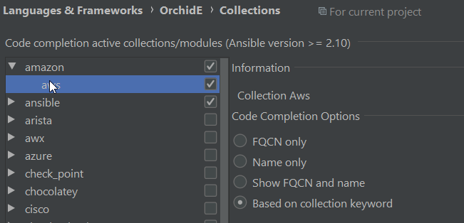 OrchidE code completion settings dialog - collections