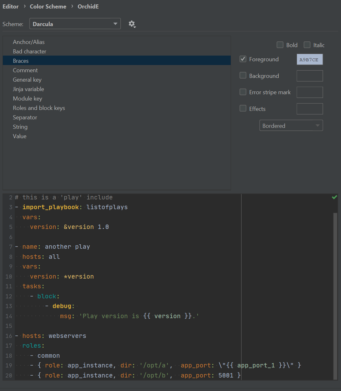 OrchidE color scheme settings dialog