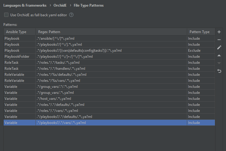 Settings dialog of patterns for Ansible file recognition