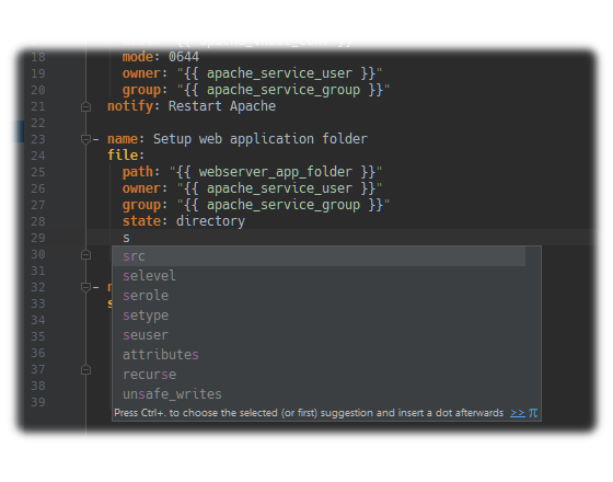 Syntax highlight, code completion für Ansible