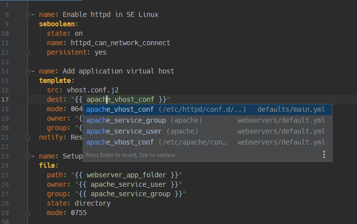 Code completion of Ansible variables with display of values