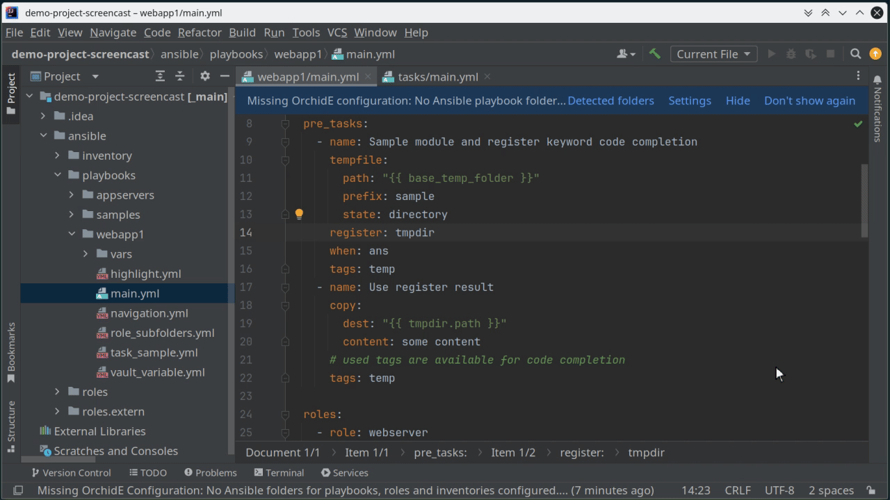 Recognition of Ansible folders in the editor with a typical Ansible file