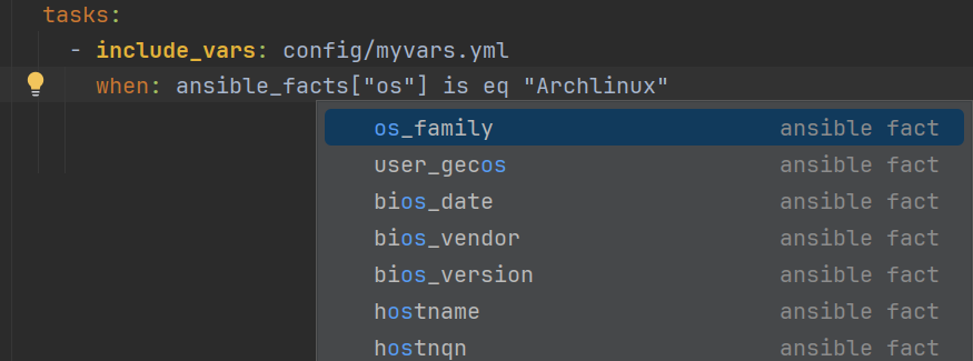 Code Completion for individual Ansible facts