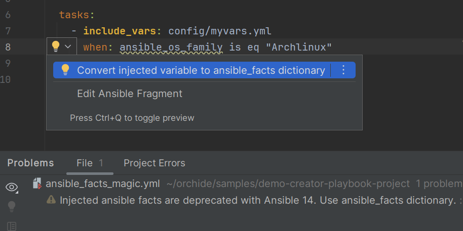 Inspection for deprecated injected Ansible facts