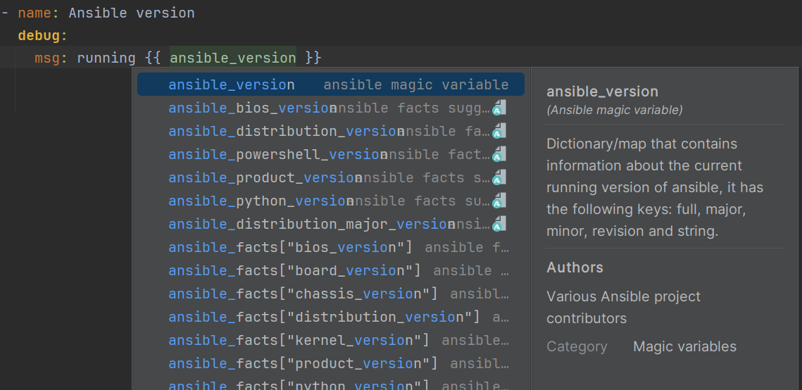 Code Completion and Quick Documentation for Ansible Magic Variables