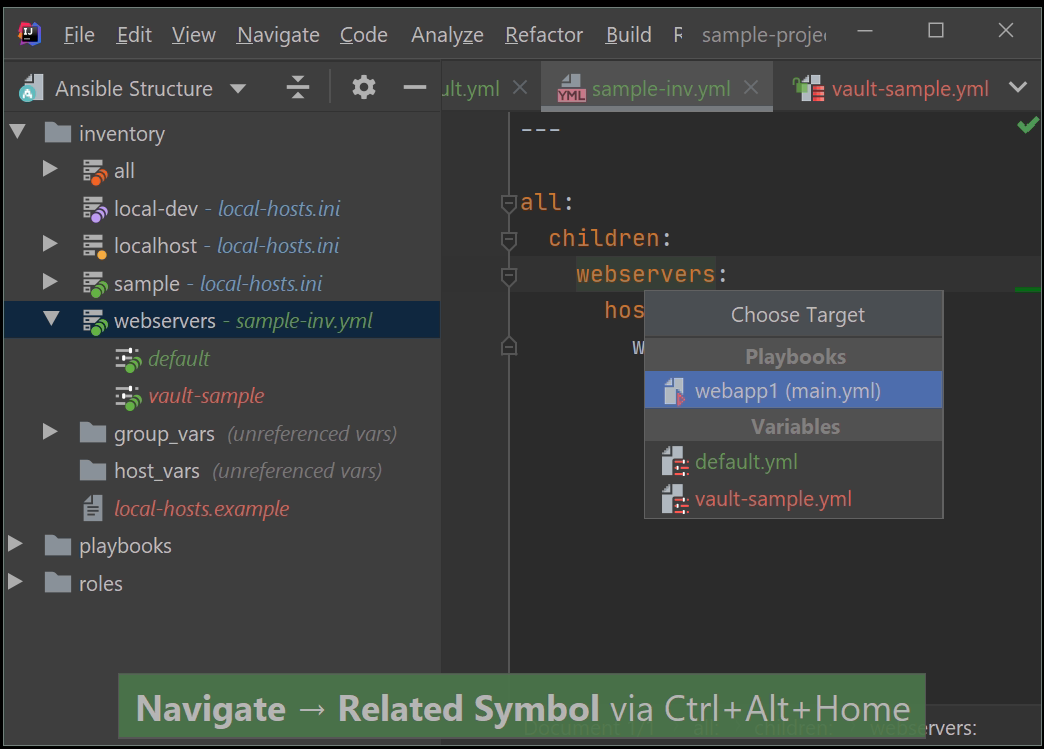 Navigation in inventory files to playbooks / variables